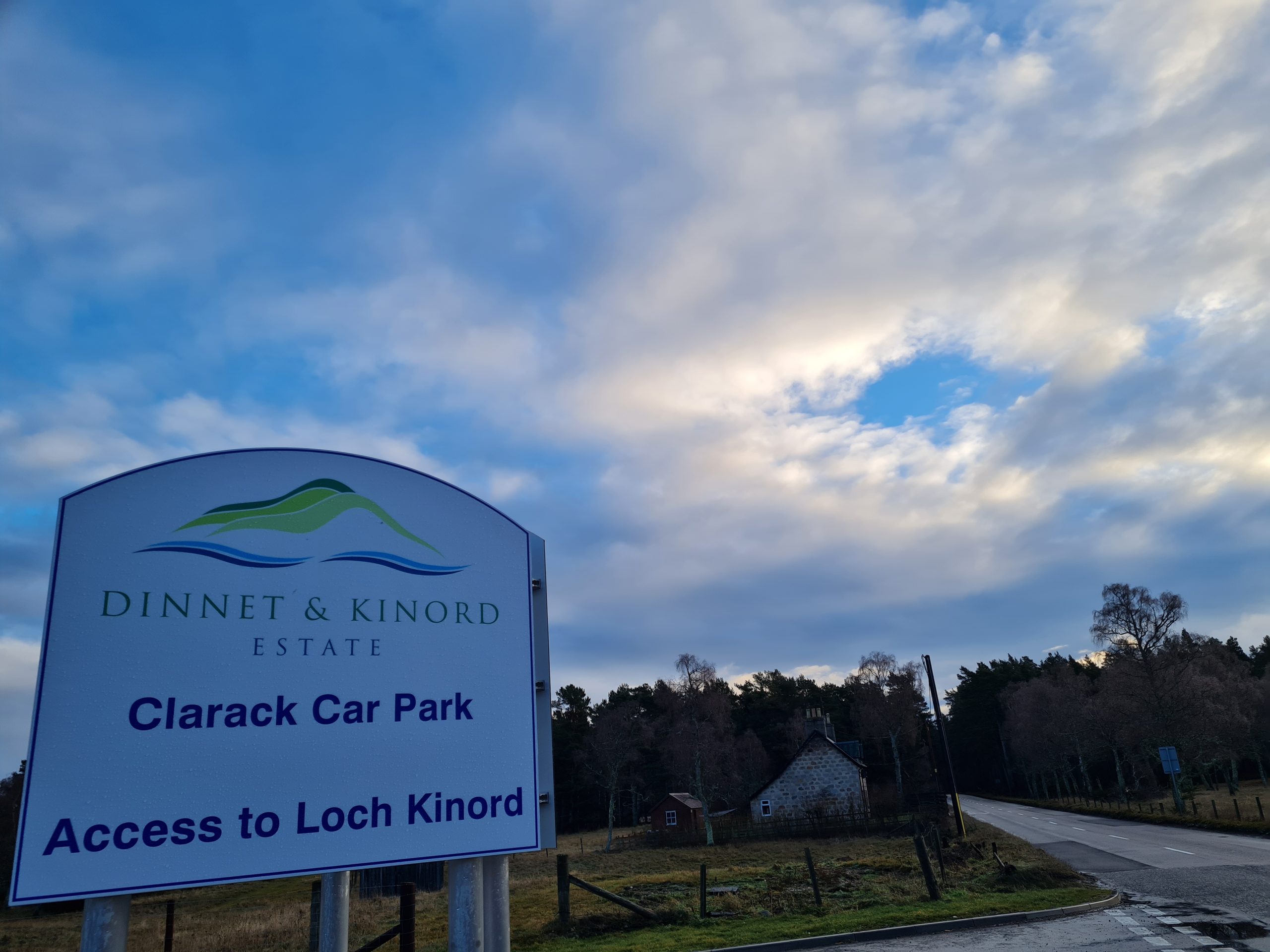 Clarack Car Park on the Dinnet Estate for the Loch of Kinord walks in The Muir of Dinnet Nature reserve near to Cairngorm Lodges