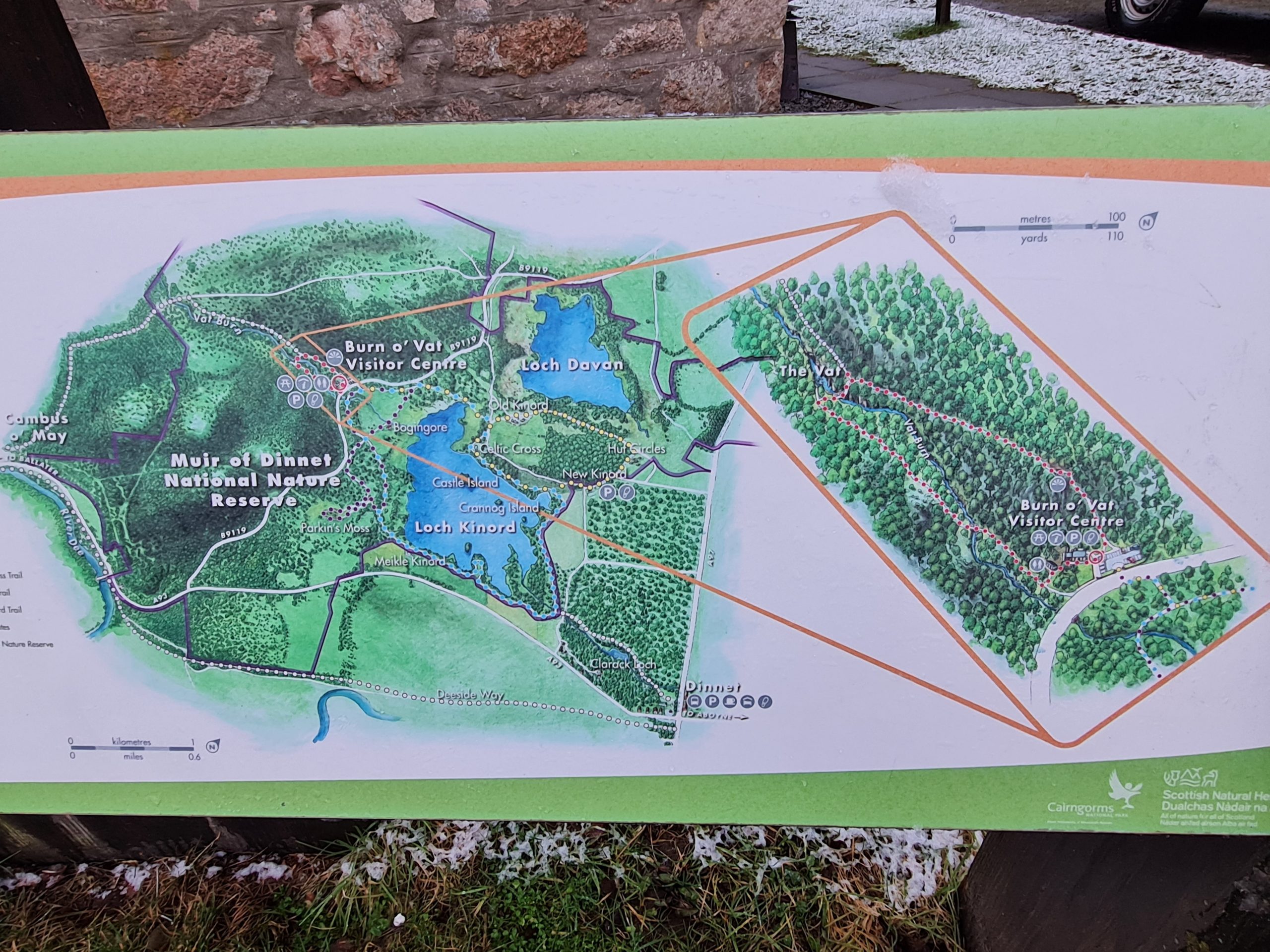  Burn O Vat and its visitor centre map at the Muir of Dinnet Nature Reserve in the Cairngorms National Park near to Cairngorm Lodges